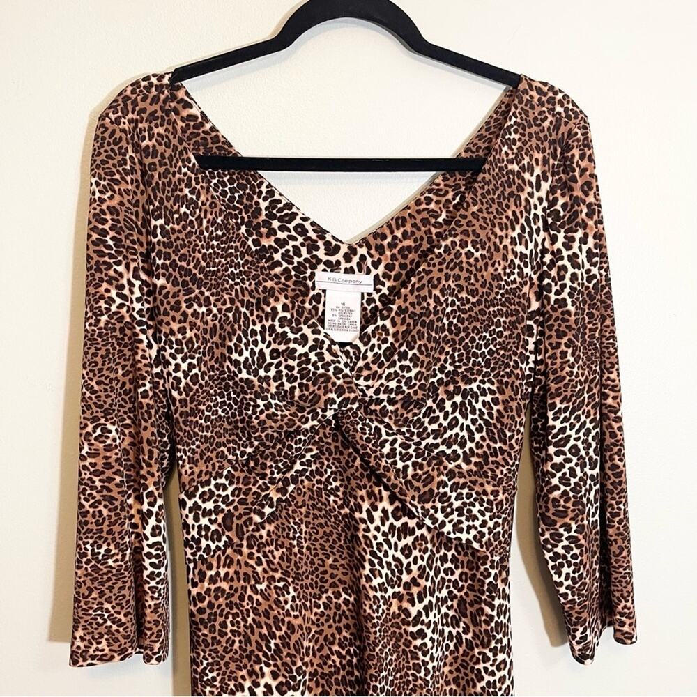 K & Company Women's Animal Print Ruched V-Neck Tie Waist Dress Size 16 - Picture 2 of 11